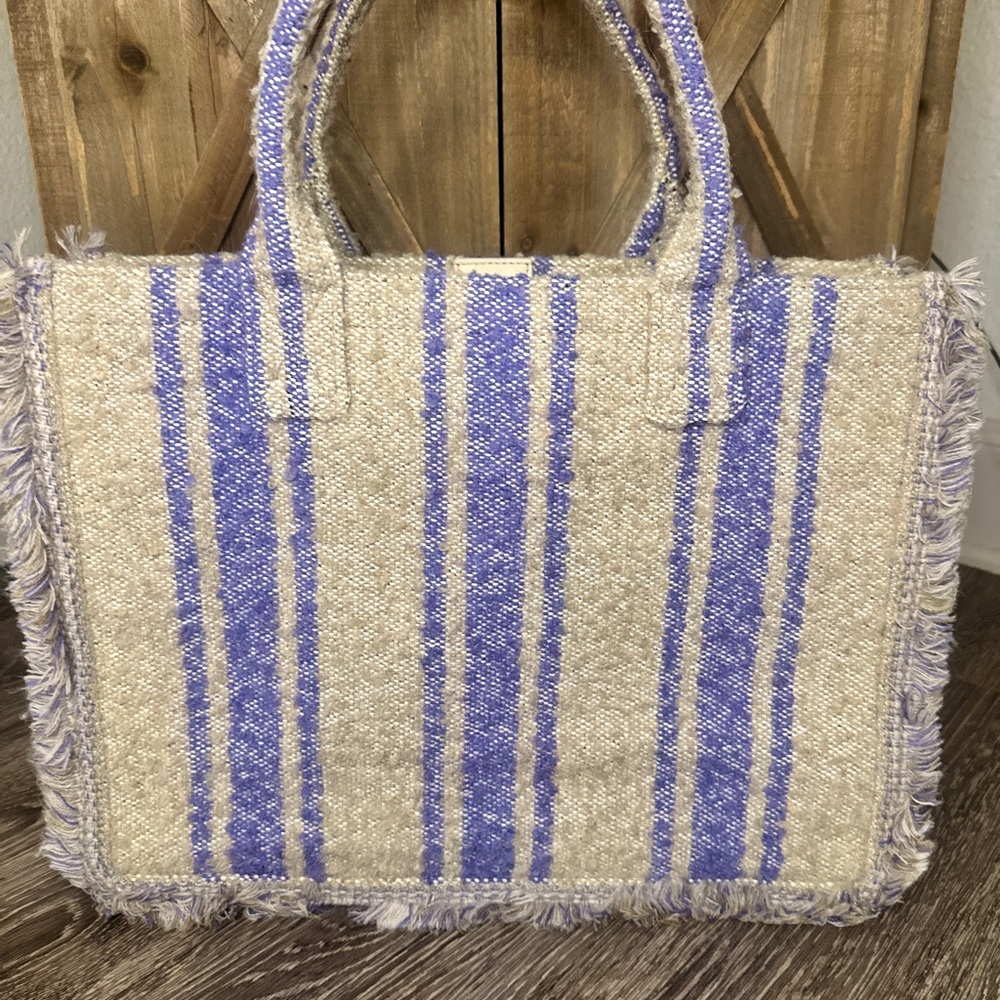 Sandro  Striped Kasbah Tote Bag in Purple and Cream - Picture 2 of 6